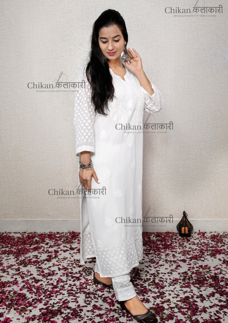 Falak Chikankari White Georgette Kurti With Mukesh - Begumsahiba.in |  Handcrafted Chikankari Kurti Online