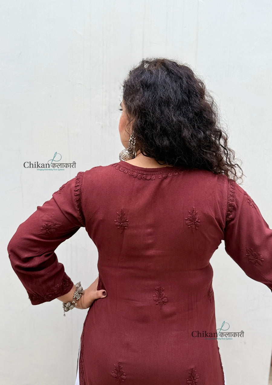 Malika Dark Brown Rayon Chikankari Kurti