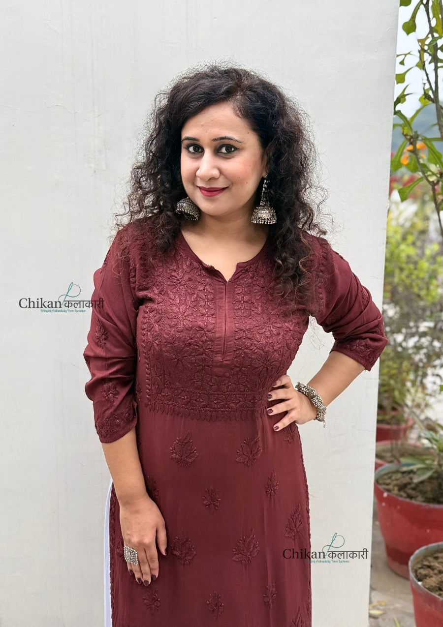 Malika Dark Brown Rayon Chikankari Kurti