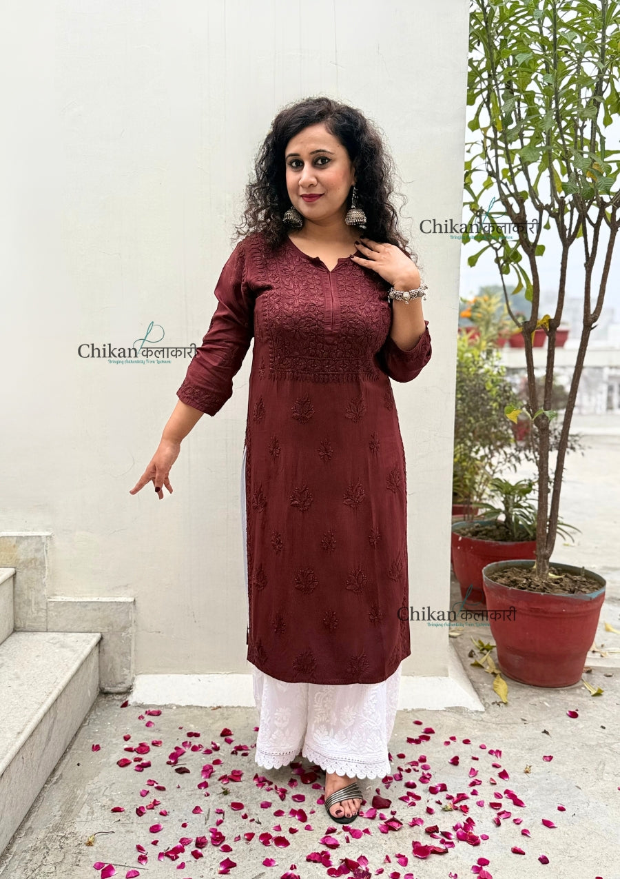 Malika Dark Brown Rayon Chikankari Kurti