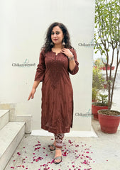 Mahira Cotton Chikankari Kurti Set - Brown