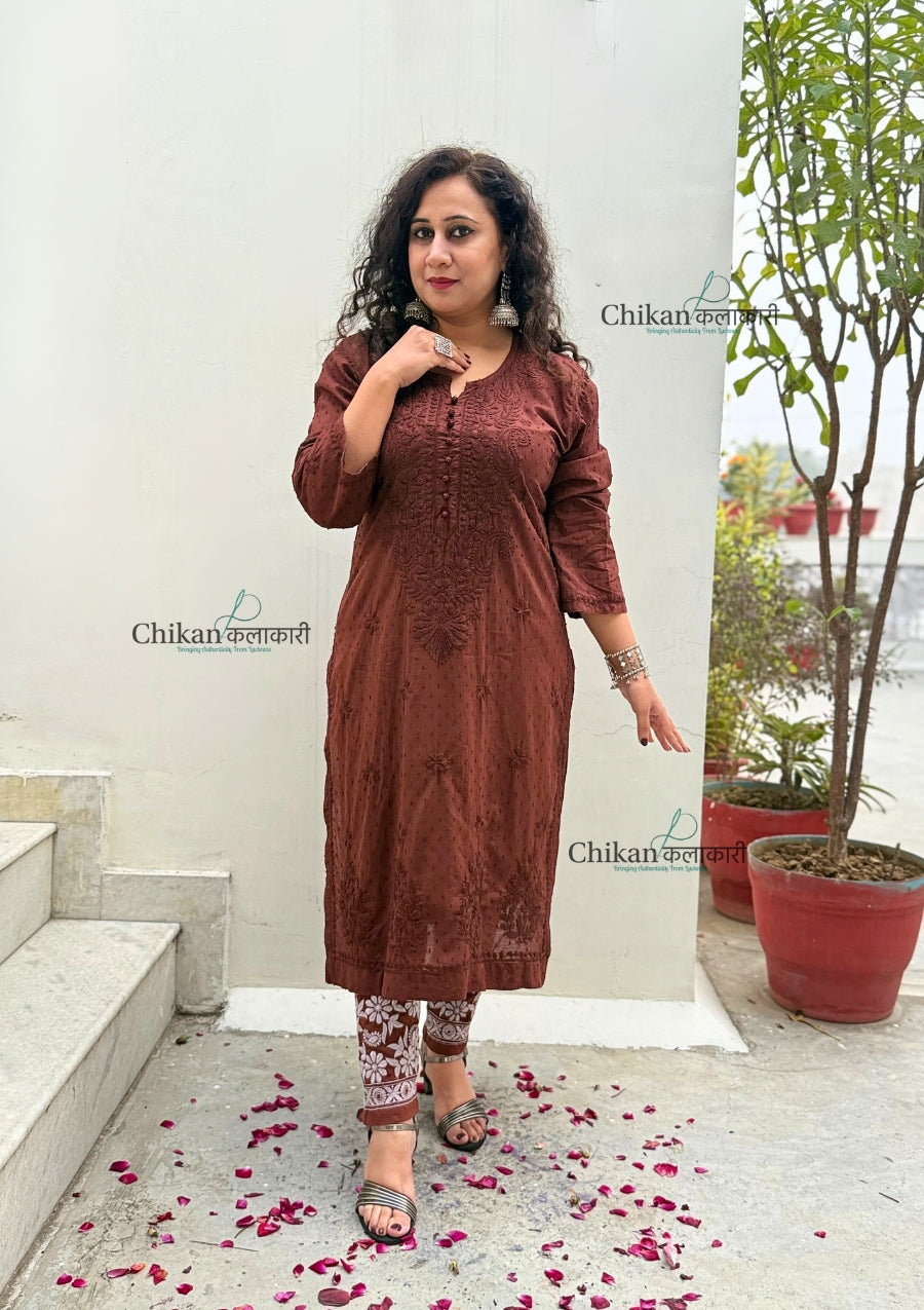Mahira Cotton Chikankari Kurti Set - Brown