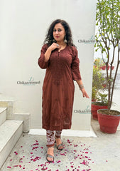Mahira Cotton Chikankari Kurti Set - Brown