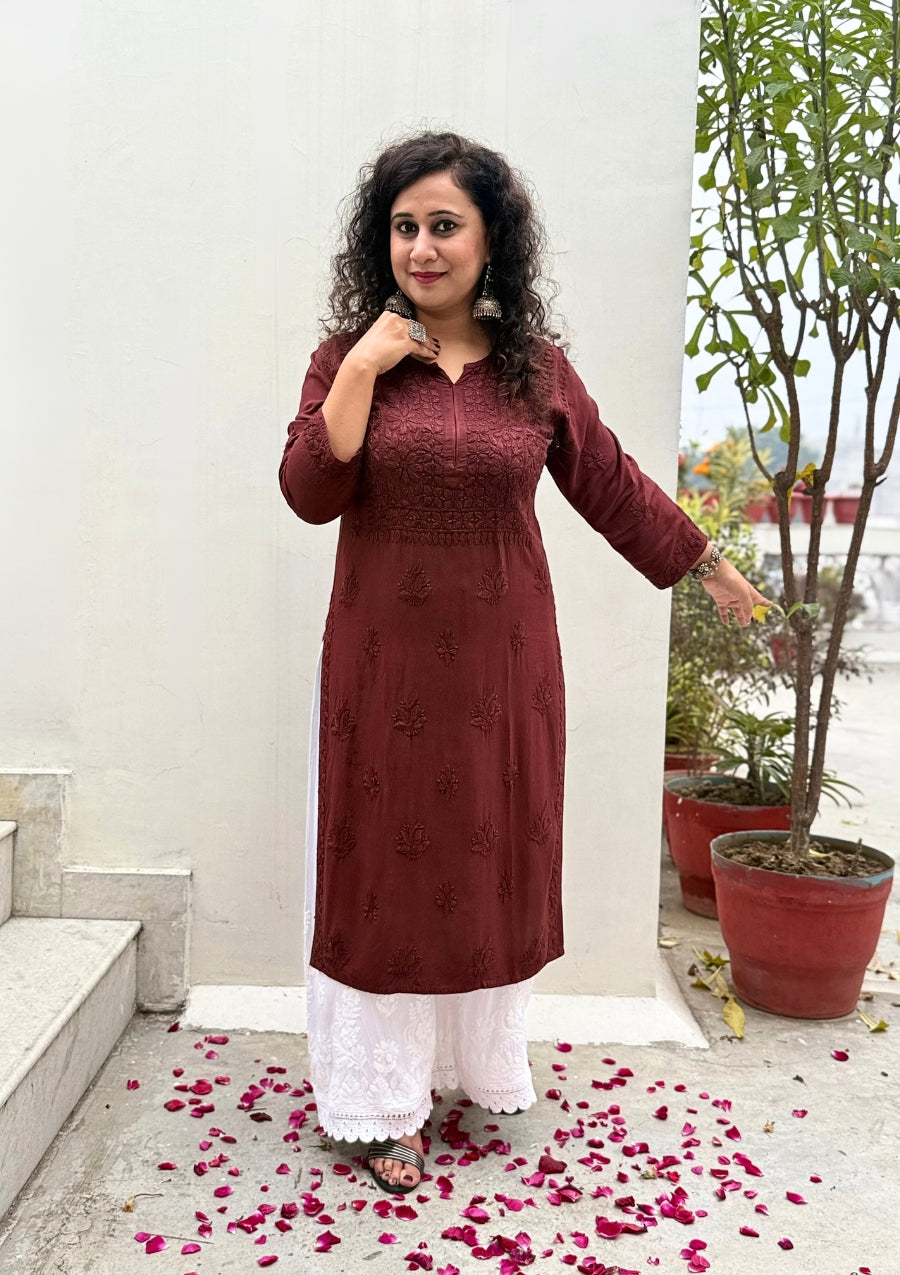 Malika Dark Brown Rayon Chikankari Kurti