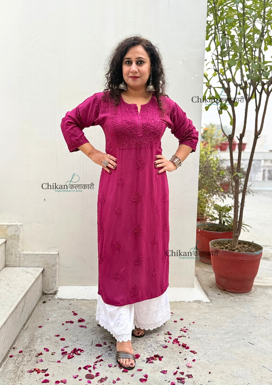 Malika Wine Rayon Chikankari Kurti