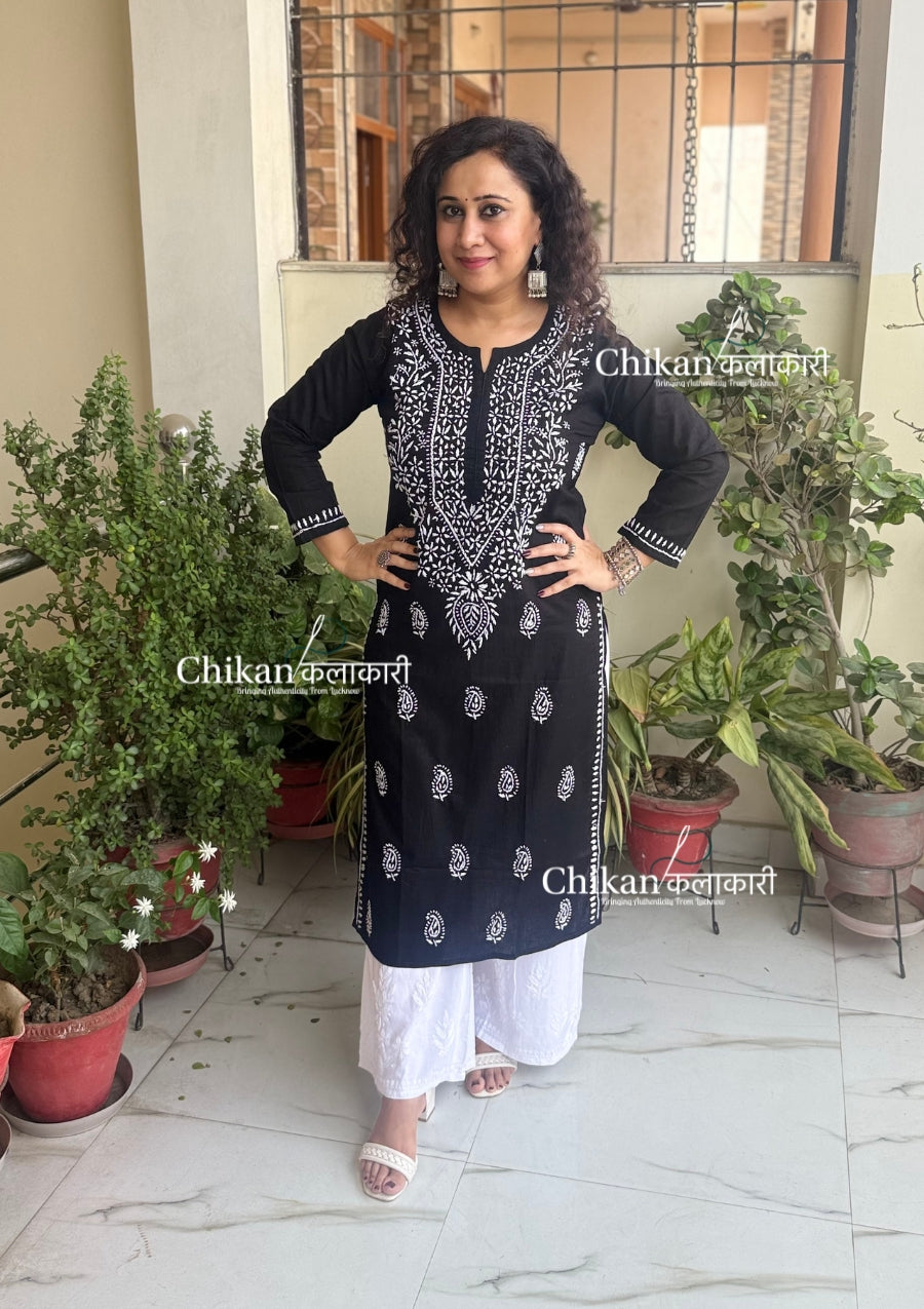 Malvika Cotton Chikankari Kurti - Black