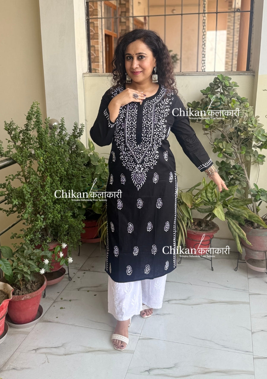 Malvika Cotton Chikankari Kurti - Black