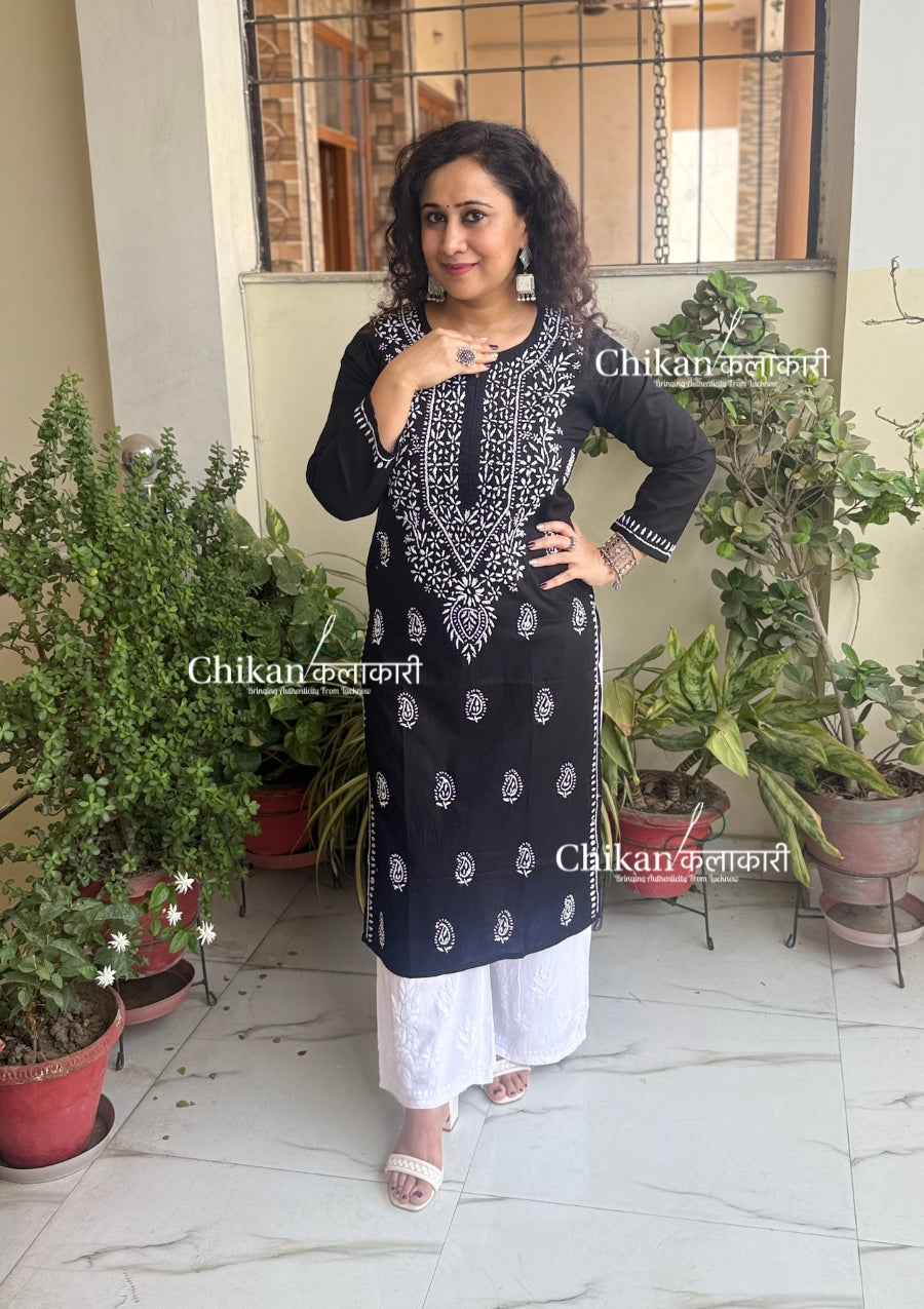 Malvika Cotton Chikankari Kurti - Black
