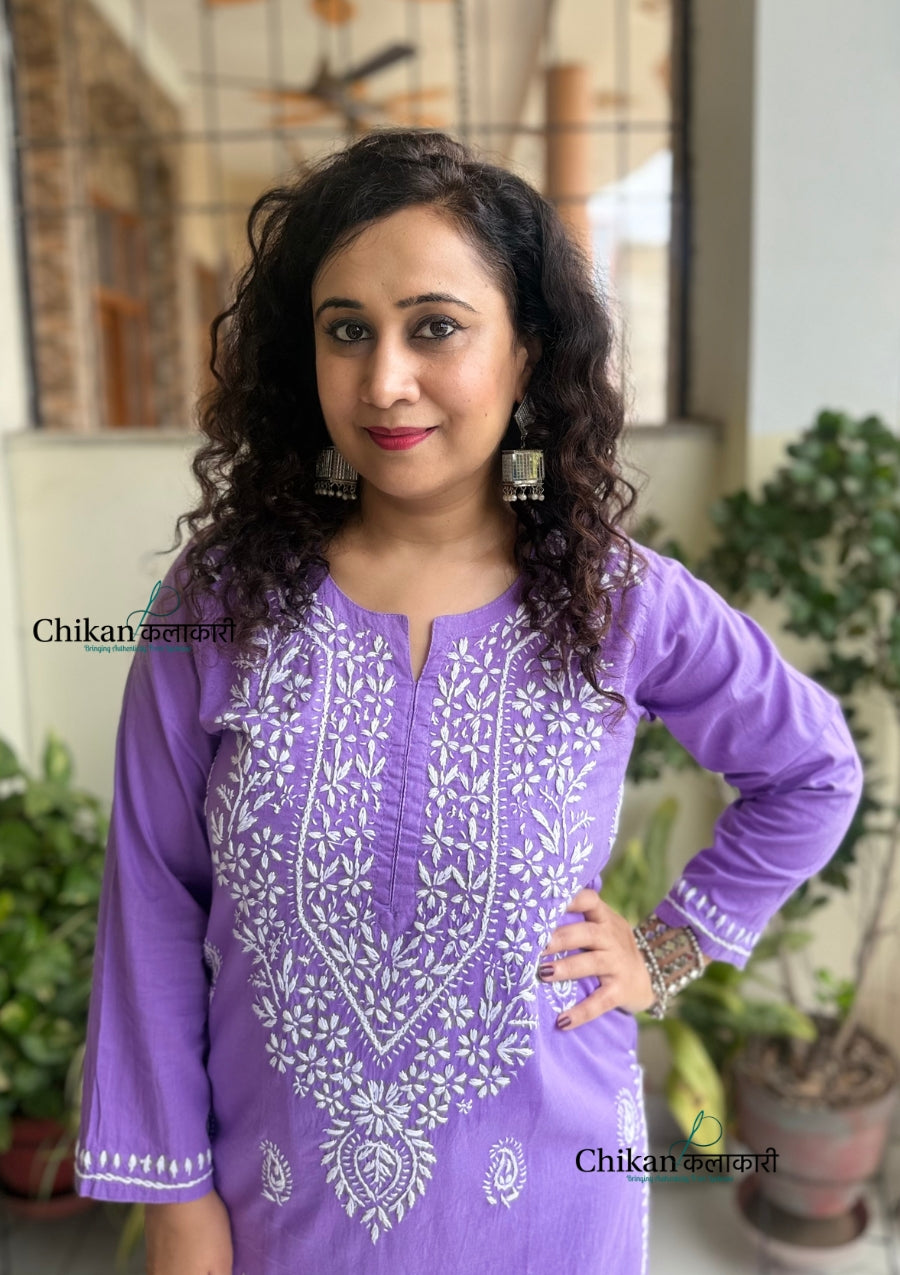 Malvika Cotton Chikankari Kurti - Lavender