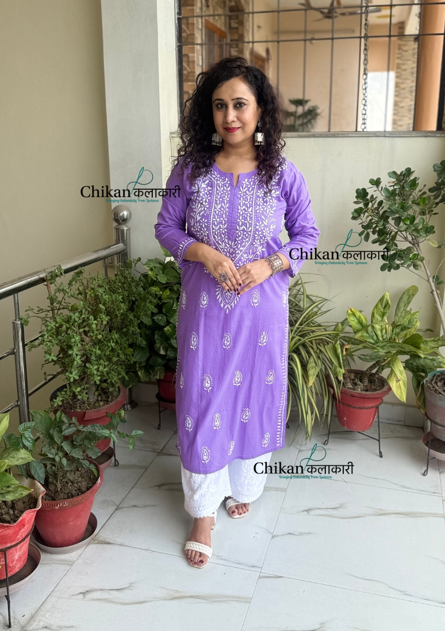 Malvika Cotton Chikankari Kurti - Lavender