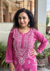 Malvika Cotton Chikankari Kurti - Mulberry Pink