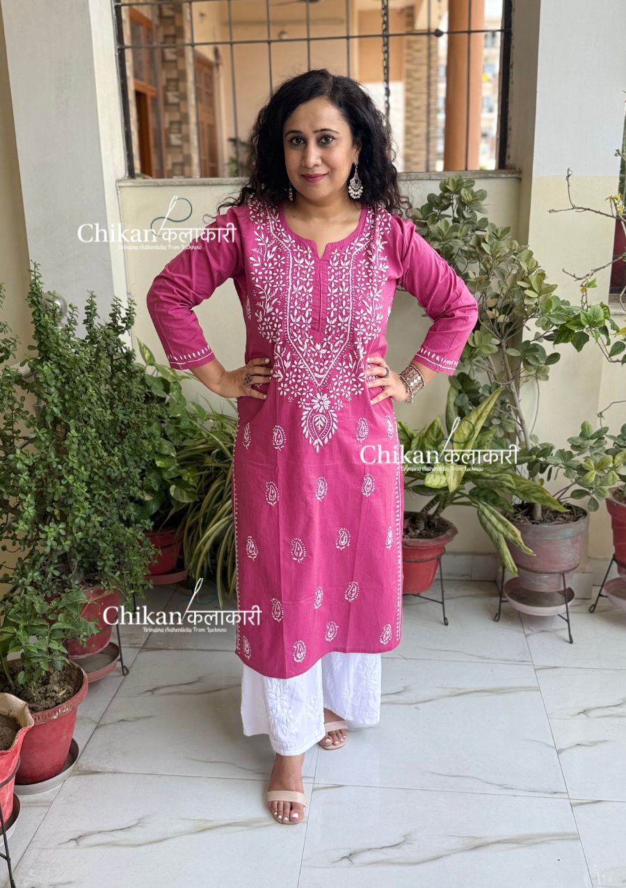 Malvika Cotton Chikankari Kurti - Mulberry Pink