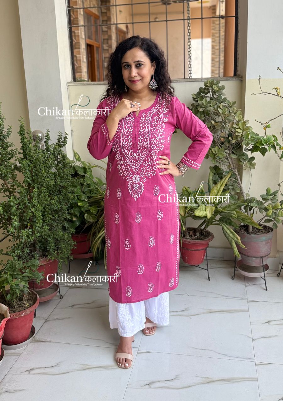 Malvika Cotton Chikankari Kurti - Mulberry Pink