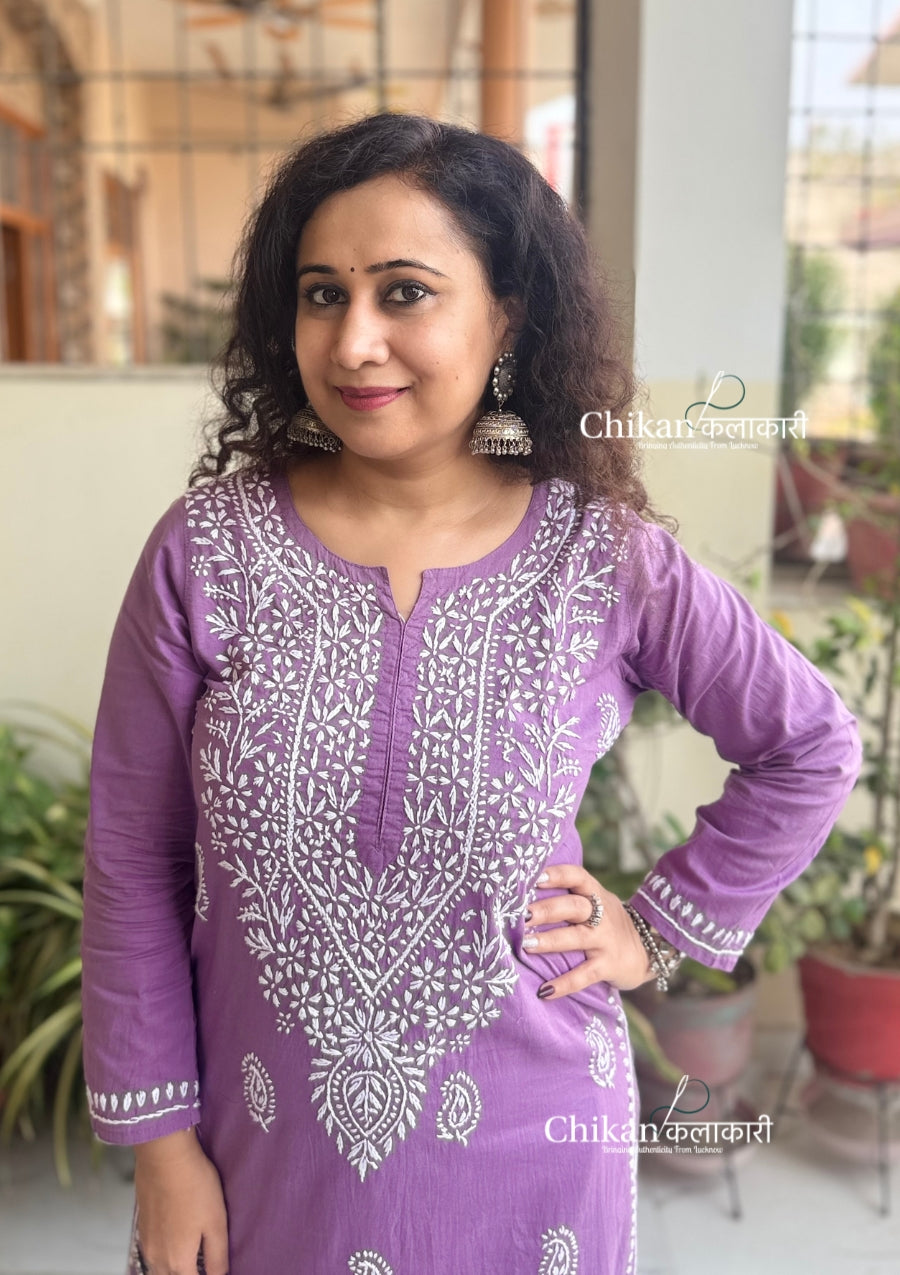 Malvika Cotton Chikankari Kurti - Purple