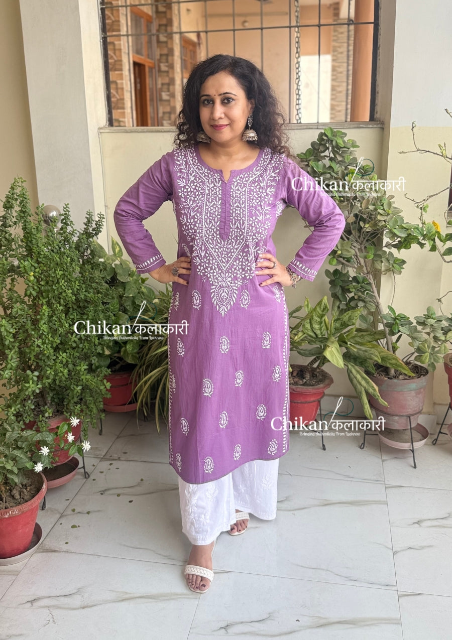 Malvika Cotton Chikankari Kurti - Purple
