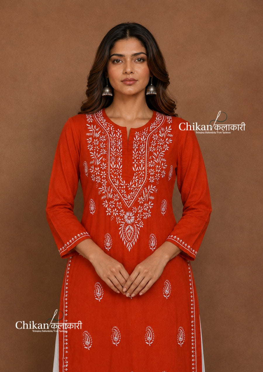 Malvika Cotton Chikankari Kurti - Rust