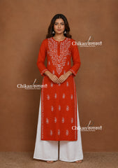 Malvika Cotton Chikankari Kurti - Rust