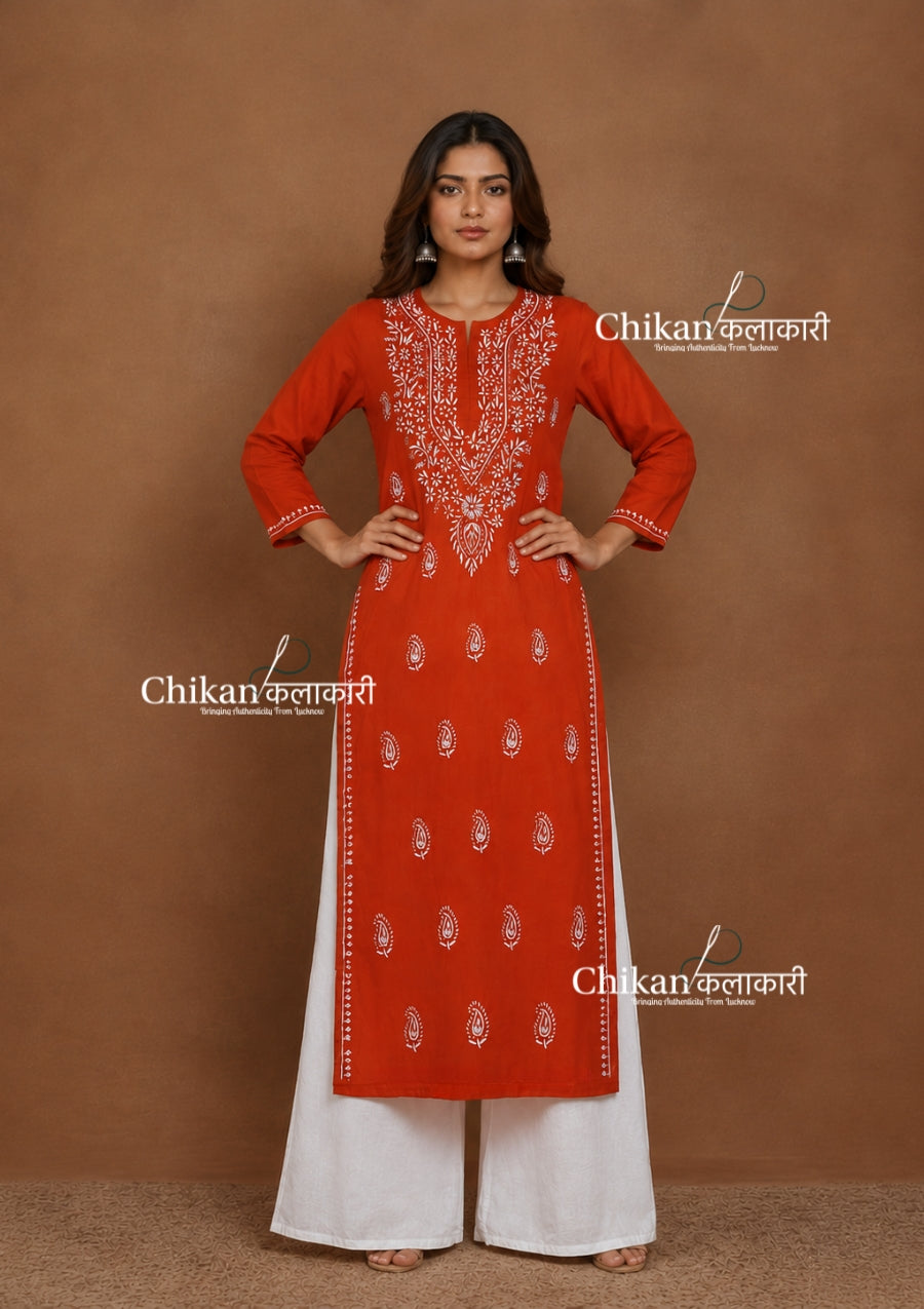 Malvika Cotton Chikankari Kurti - Rust