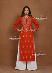 Malvika Cotton Chikankari Kurti - Rust