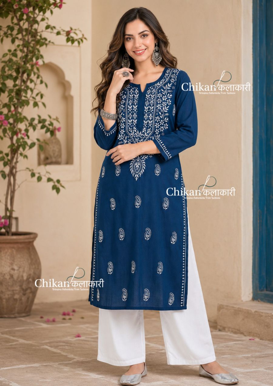 Malvika Cotton Chikankari Kurti - Teal Blue