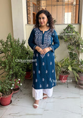 Malvika Cotton Chikankari Kurti - Teal Blue