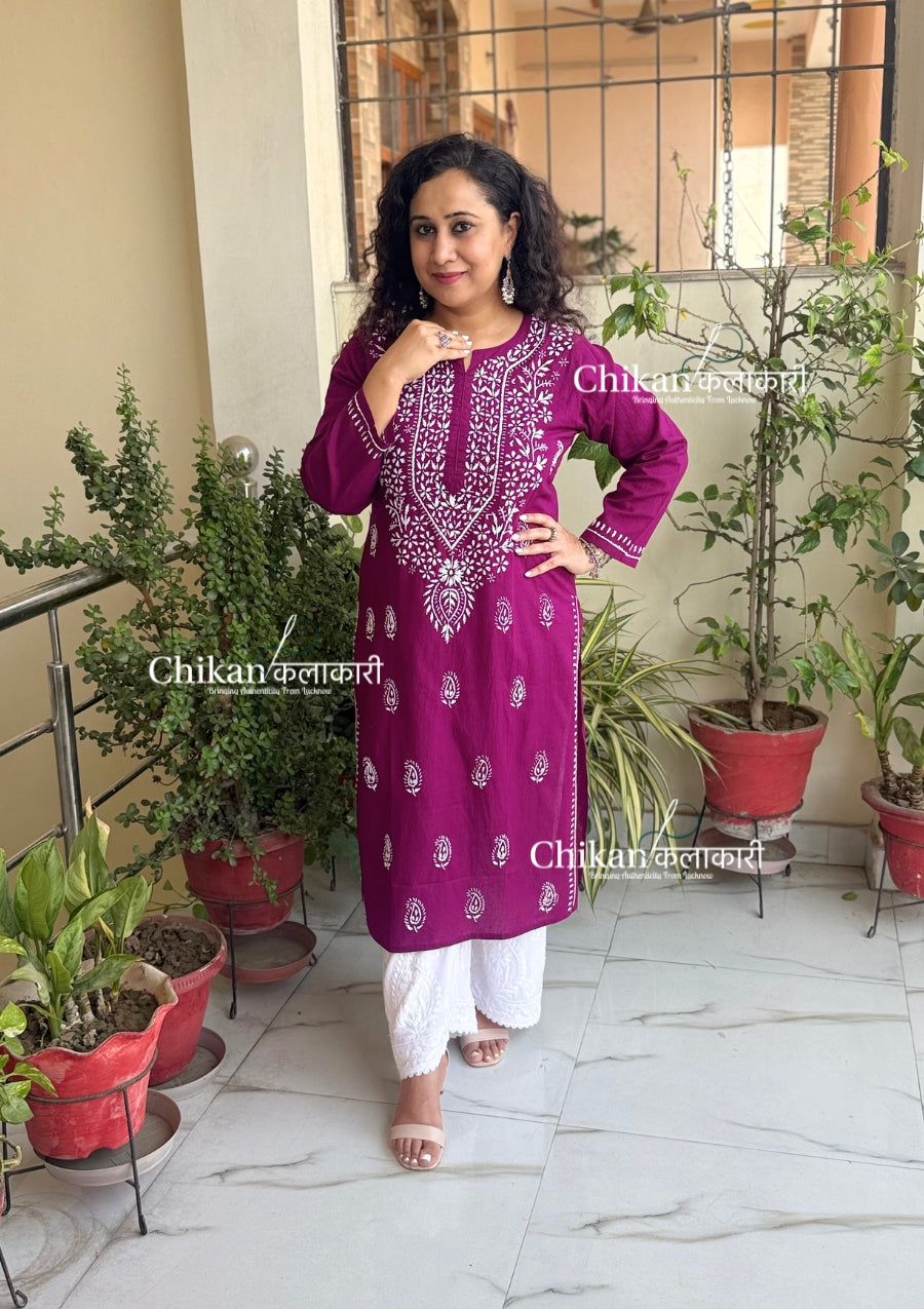 Malvika Cotton Chikankari Kurti - Wine