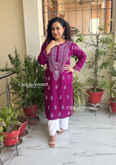 Malvika Cotton Chikankari Kurti - Wine