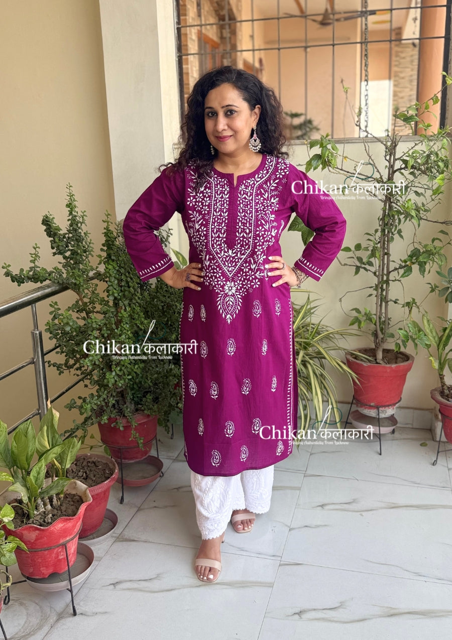Malvika Cotton Chikankari Kurti - Wine