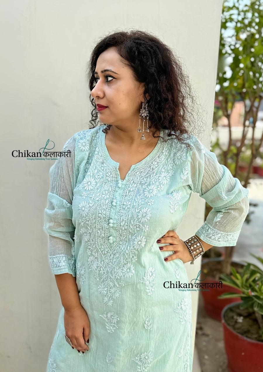 Mannat Mul Chanderi Chikankari Kurti  - Light Pista Green