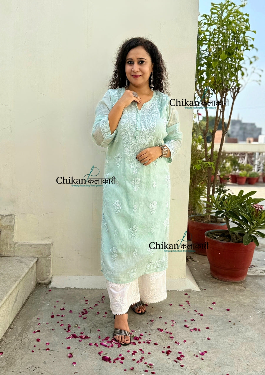 Mannat Mul Chanderi Chikankari Kurti  - Light Pista Green
