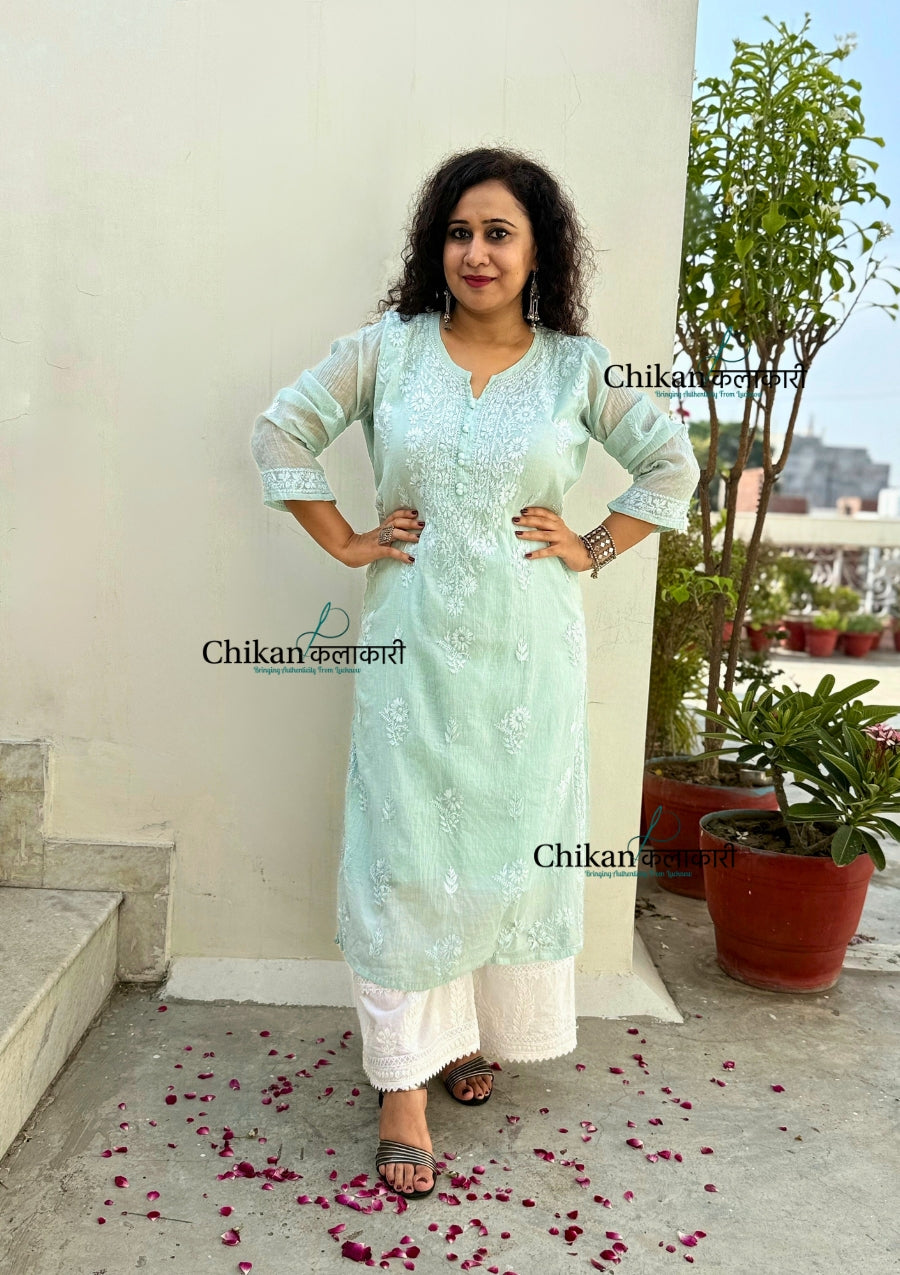 Mannat Mul Chanderi Chikankari Kurti  - Light Pista Green