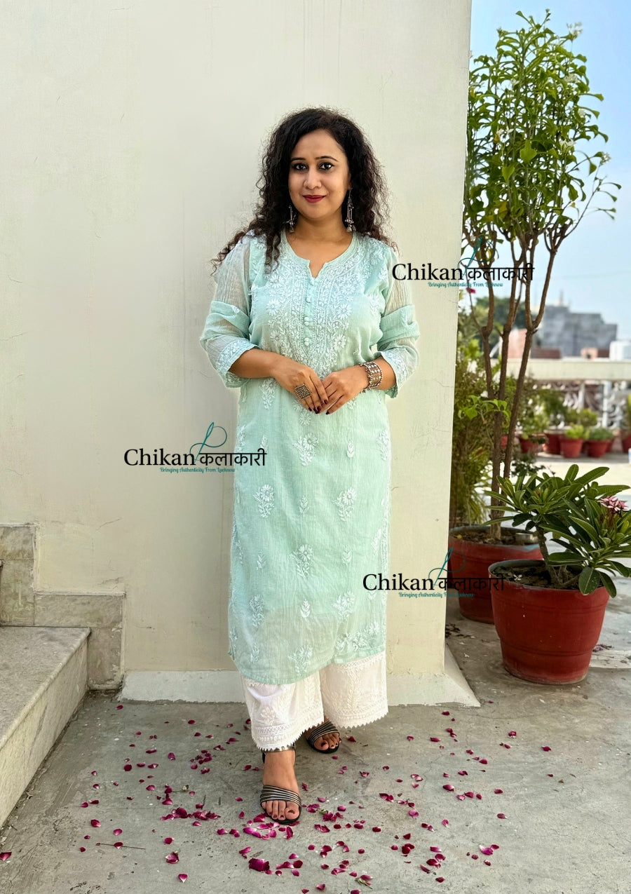 Mannat Mul Chanderi Chikankari Kurti  - Light Pista Green