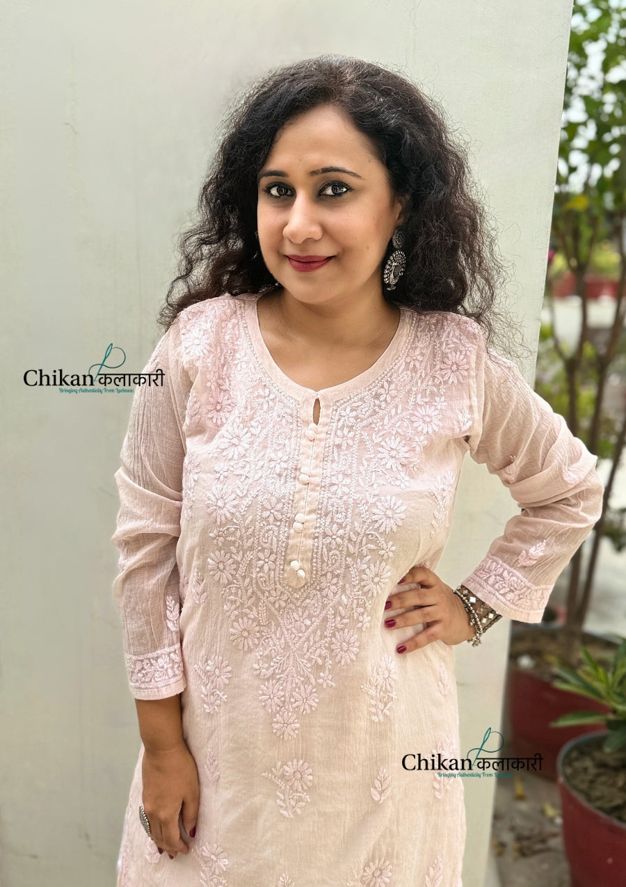 Mannat Mul Chanderi Chikankari Kurti  - Light Beige
