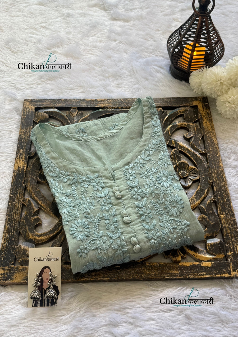 Mannat Mul Chanderi Chikankari Kurti  - Light Green