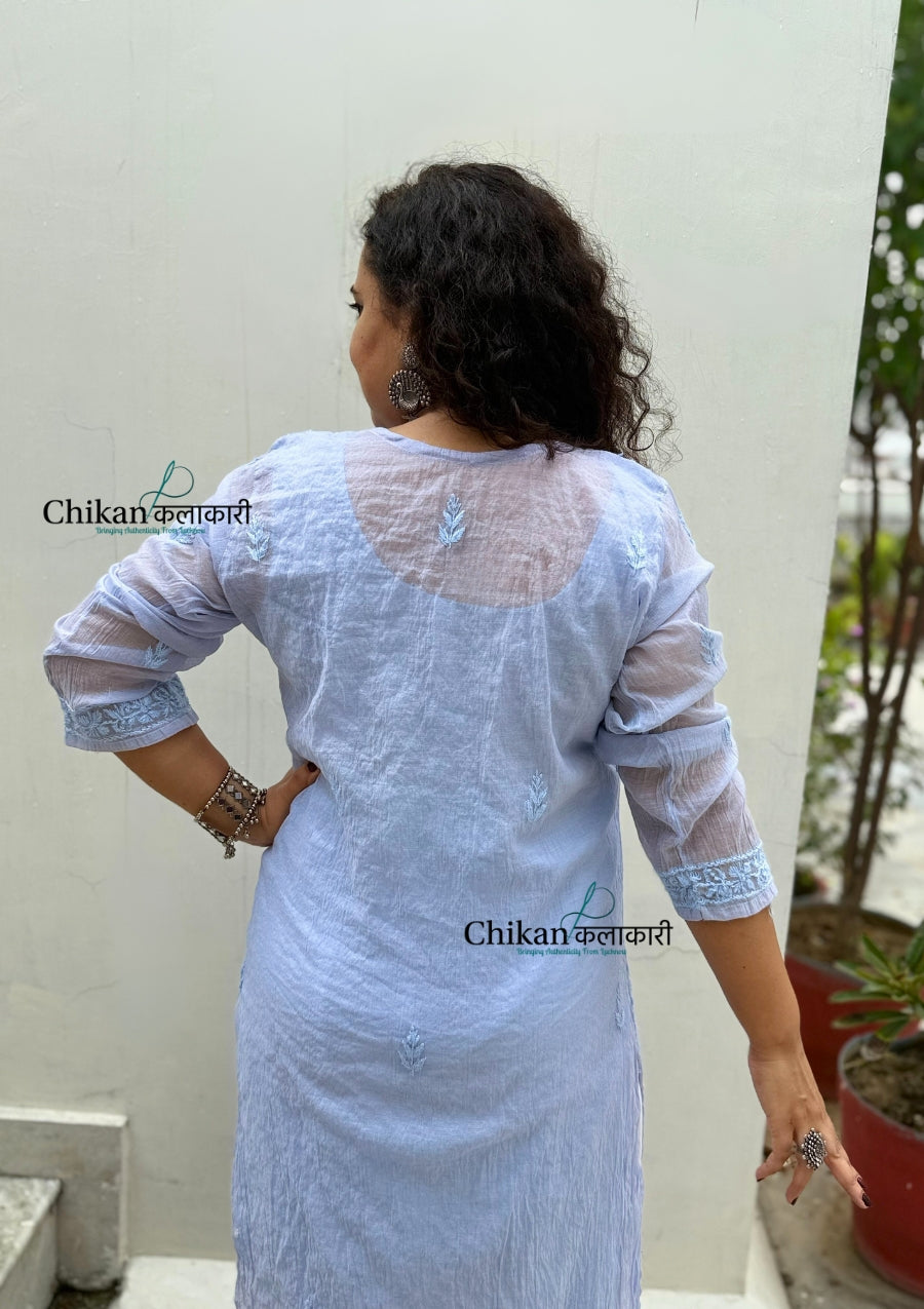 Mannat Mul Chanderi Chikankari Kurti  - Powder Blue