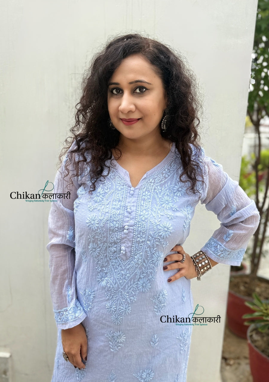 Mannat Mul Chanderi Chikankari Kurti  - Powder Blue