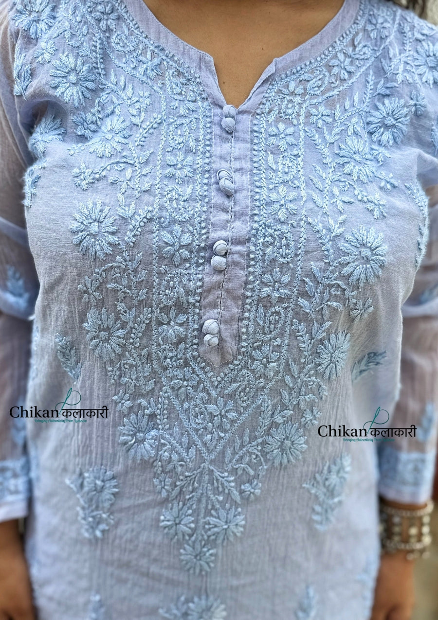 Mannat Mul Chanderi Chikankari Kurti  - Powder Blue