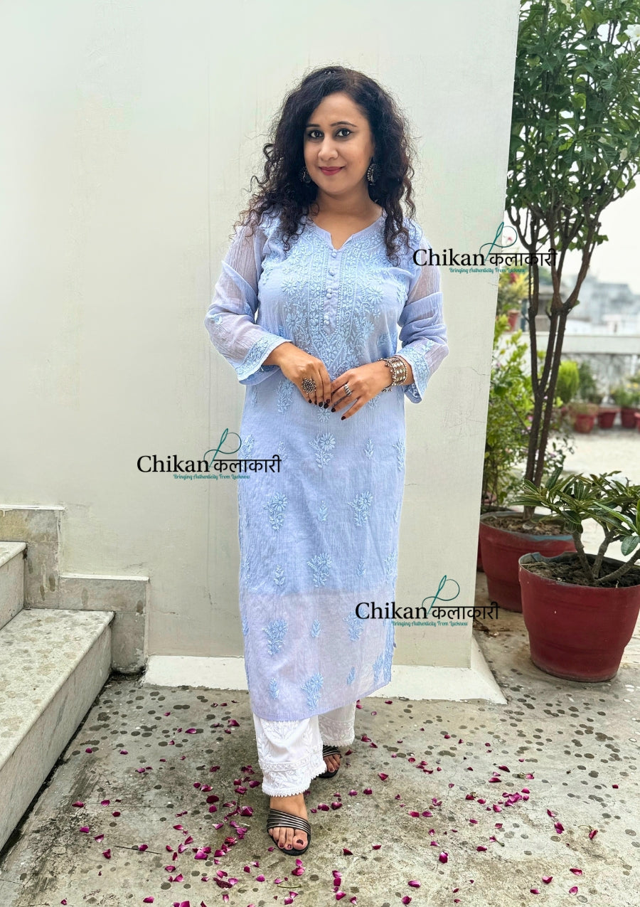 Mannat Mul Chanderi Chikankari Kurti  - Powder Blue