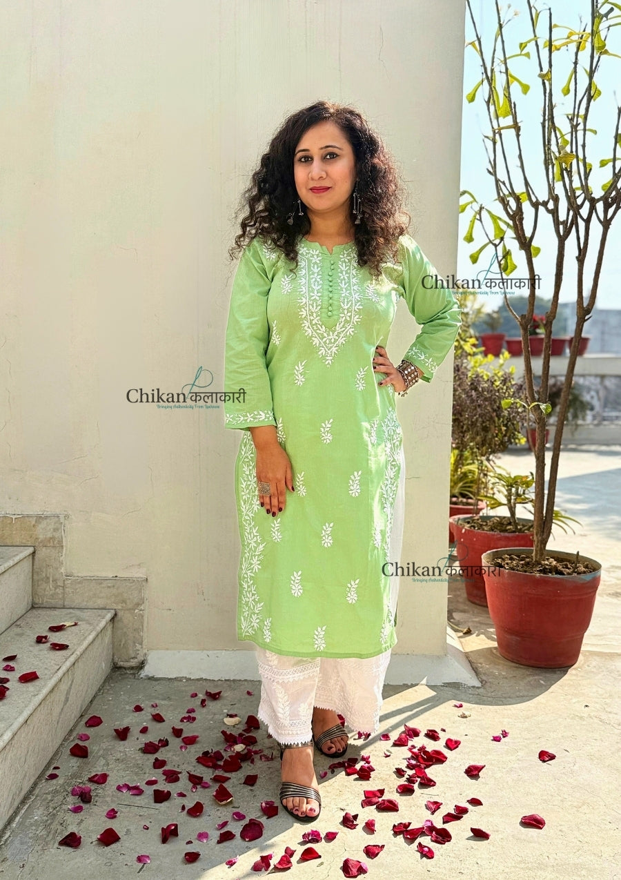 Meera Cotton Chikankari Kurti - Green