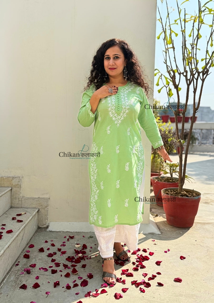 Meera Cotton Chikankari Kurti - Green