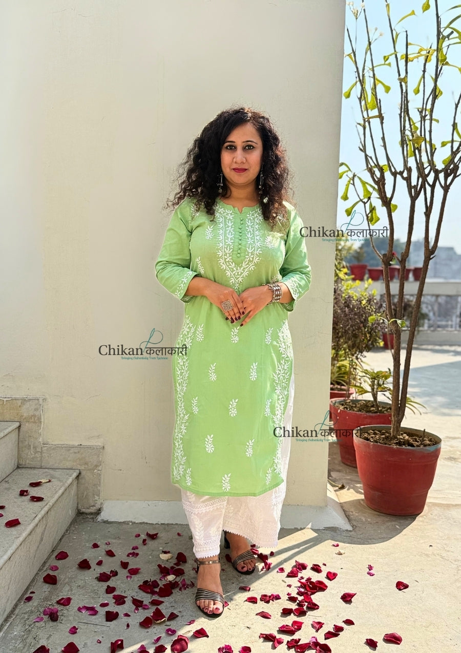 Meera Cotton Chikankari Kurti - Green