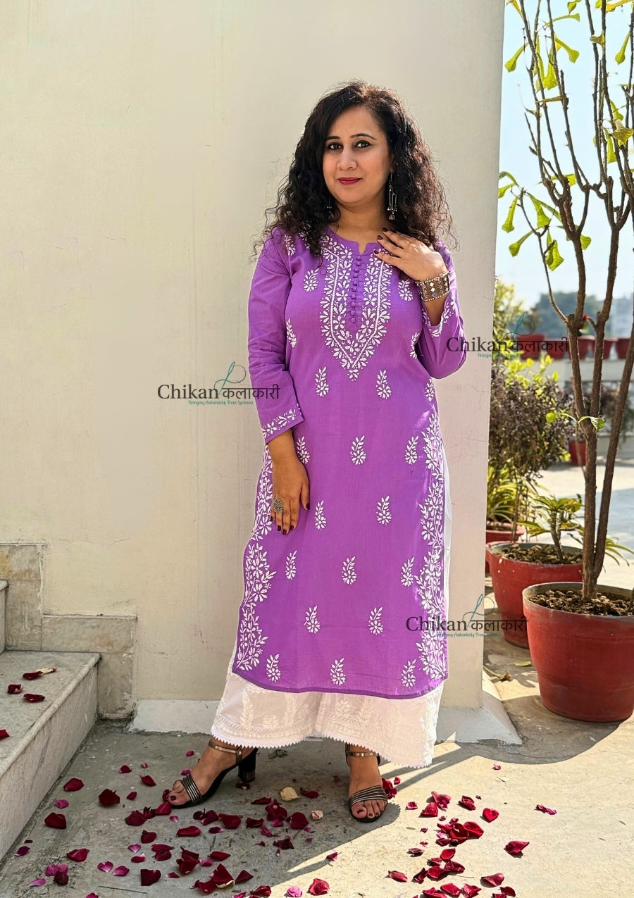 Meera Cotton Chikankari Kurti - Lavender