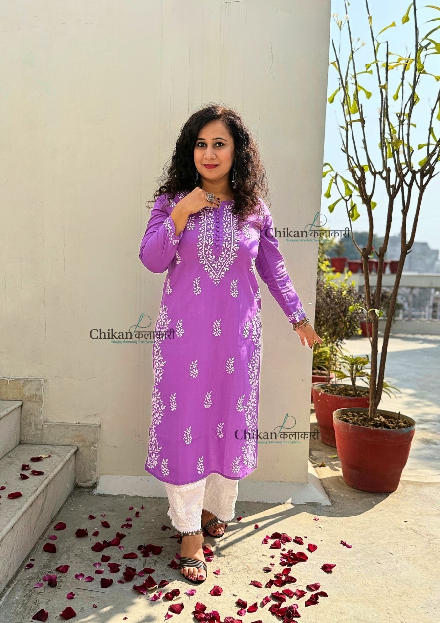 Meera Cotton Chikankari Kurti - Lavender