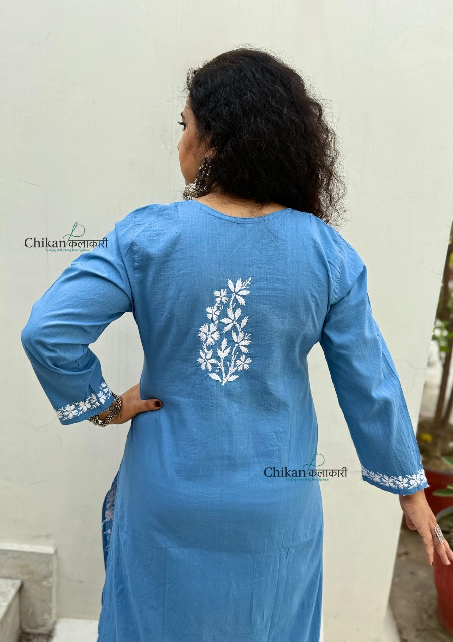 Meera Cotton Chikankari Kurti - Powder Blue