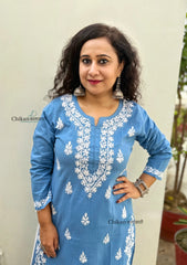 Meera Cotton Chikankari Kurti - Powder Blue