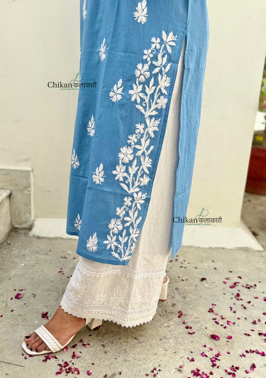 Meera Cotton Chikankari Kurti - Powder Blue