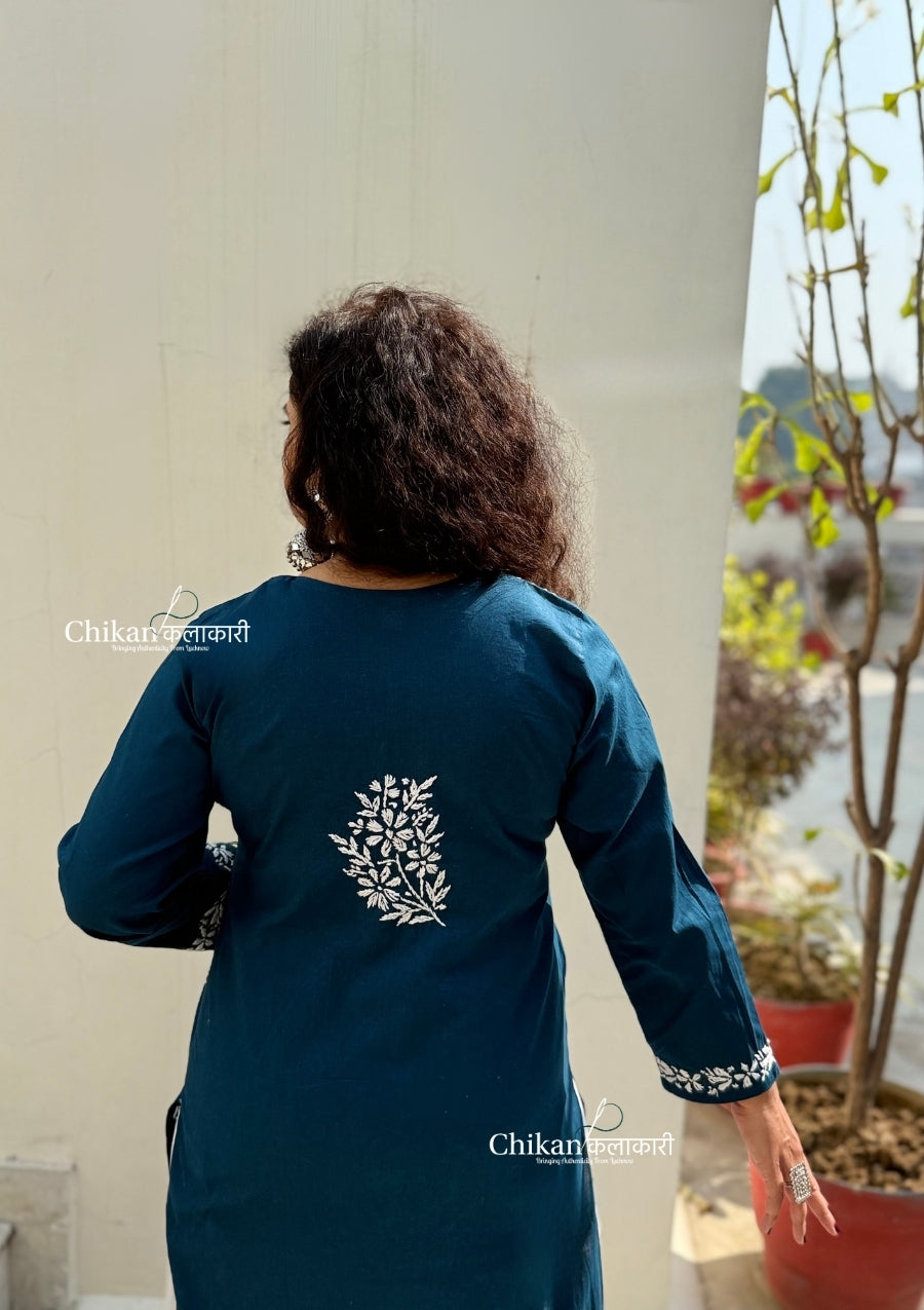 Meera Cotton Chikankari Kurti - Teal Blue