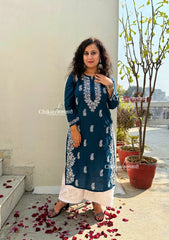 Meera Cotton Chikankari Kurti - Teal Blue