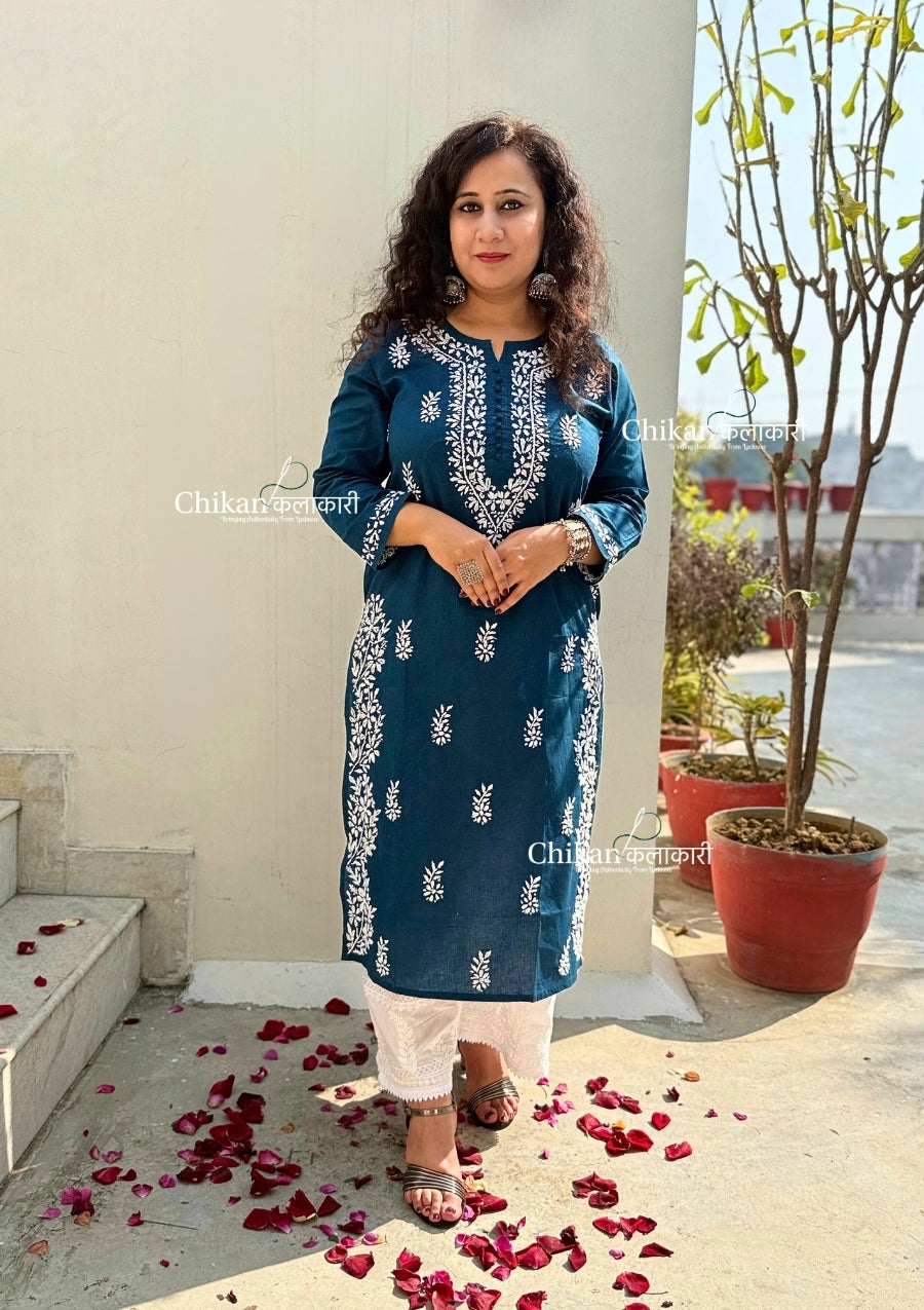 Meera Cotton Chikankari Kurti - Teal Blue