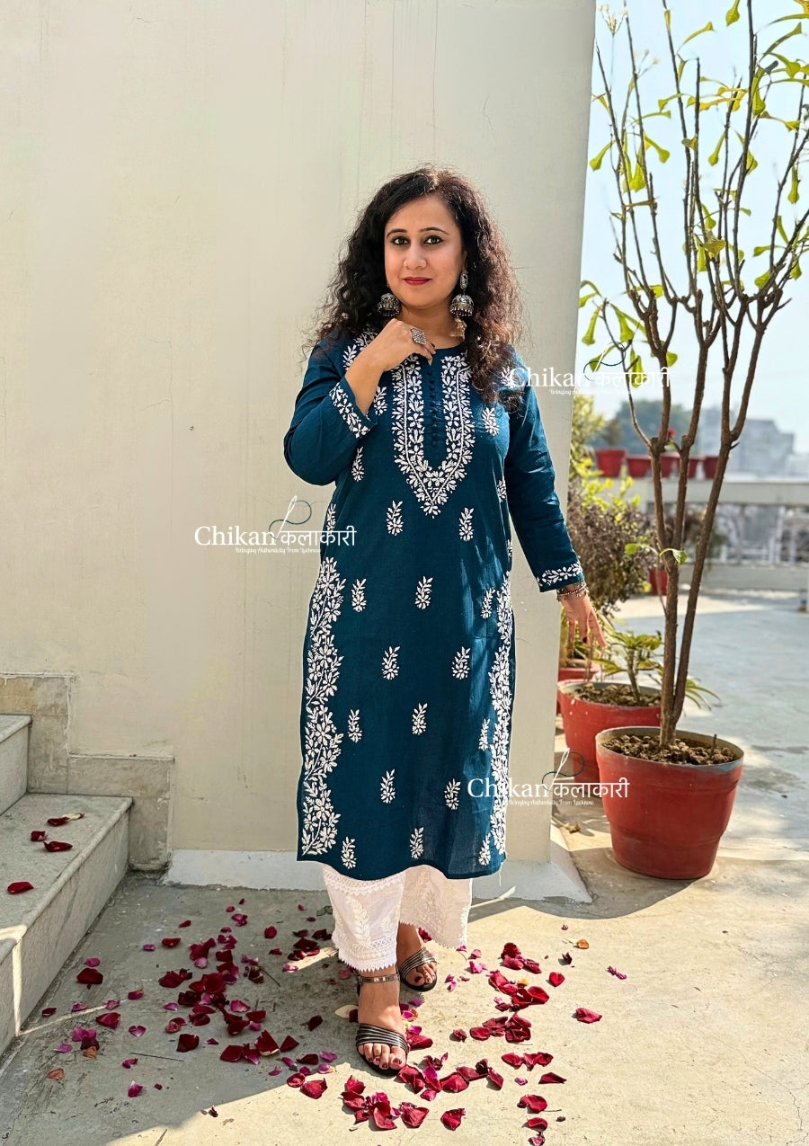 Meera Cotton Chikankari Kurti - Teal Blue